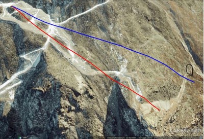 schwarz: Talstation Gabelhorn, Rot: alte Strecke blau: neue Strecke