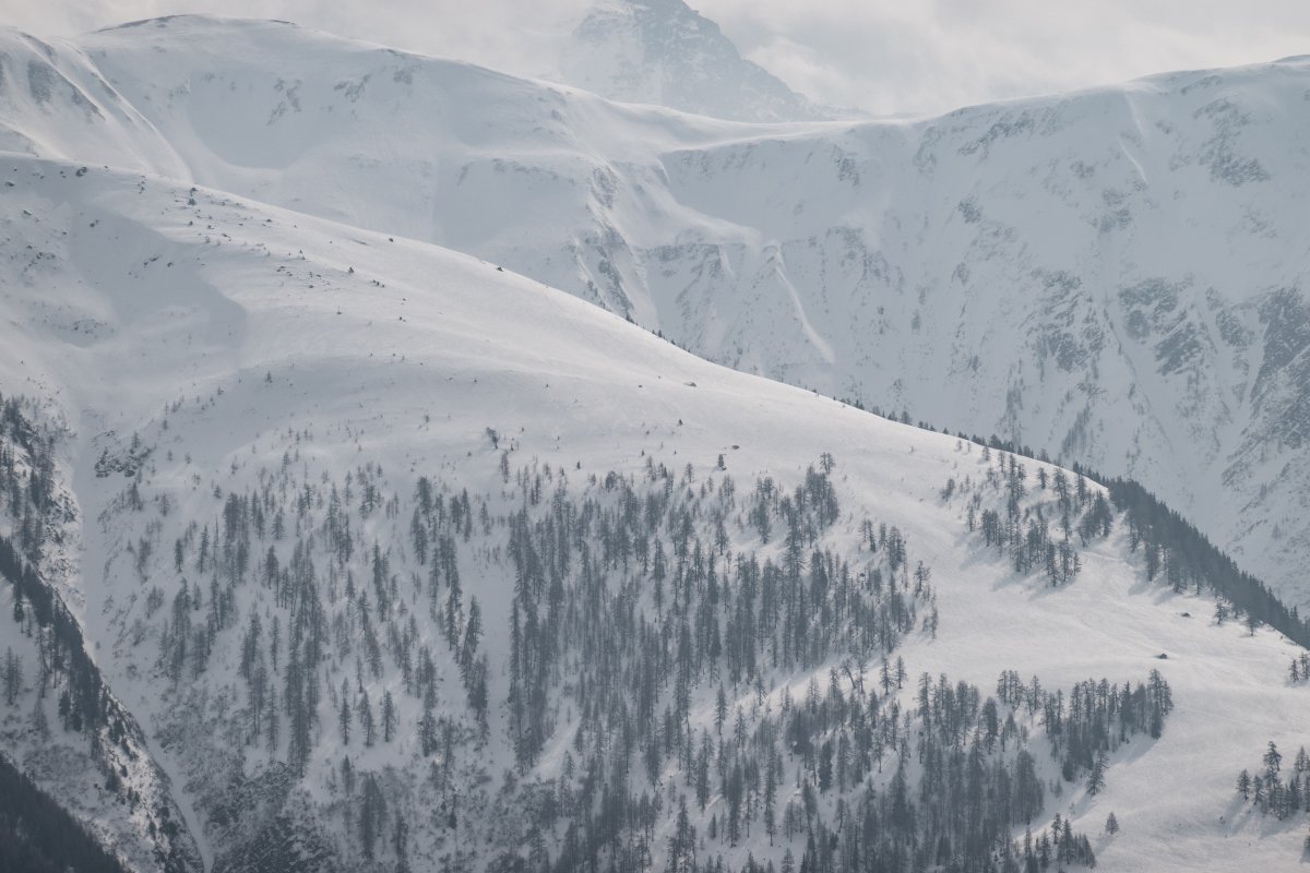 Blick von Bellwald auf das stillgelegte Skigebiet Mühlebach-Ernergalen, März 2022