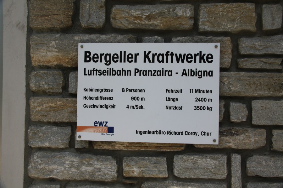 Technische Daten der Luftseilbahn Pranzaira-Albigna, Juli 2010