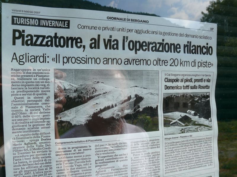 Zeitungsartikel zu Planungen im Skigebiet Piazzatorre, August 2007