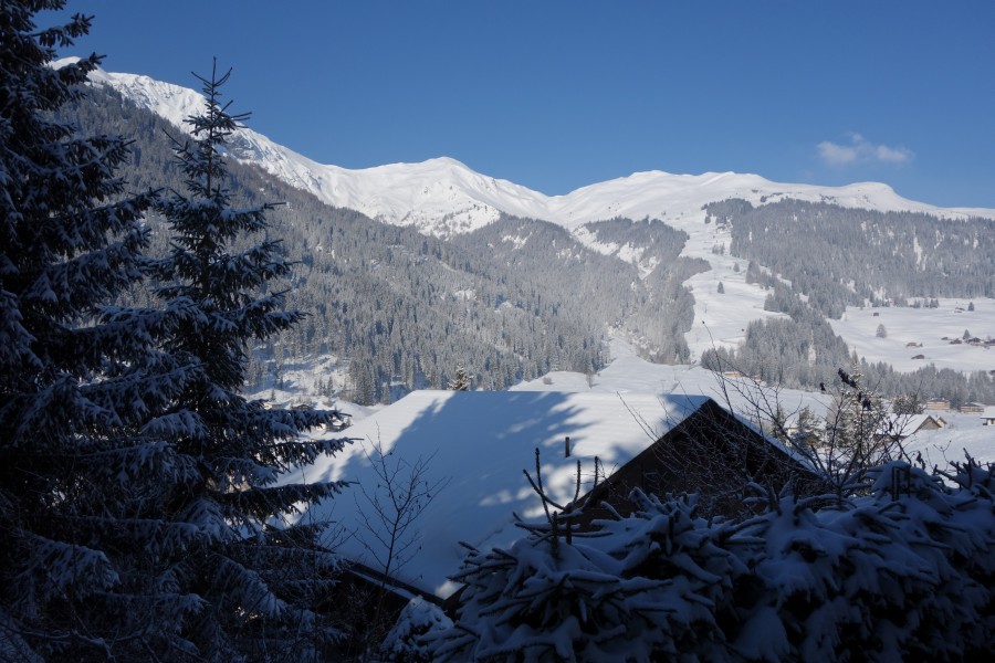 Blick vom Gegenhang auf das Skigebiet Pradaschier in Churwalden, März 2013
