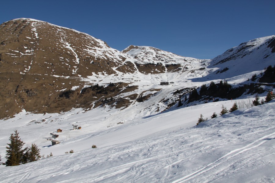 Blick zu den längsten Abfahrten des Skigebiets Isenau am Schlepplift Floriettaz, März 2011