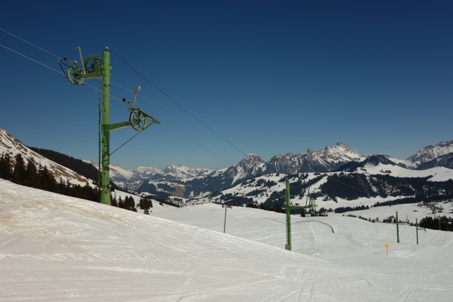 Schlepplift Crétex - auch wenn nach dem Umbau durch Poma einige Teile ausgetauscht wurden, so sind immer noch zahlreiche Bestandteile von Giovanola am Lift zu finden - er ist damit der letzte seiner Art, der noch in Betrieb ist, März 2014
