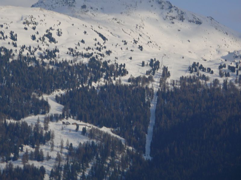 Zoom ins Skigebiet Nax, die Schneise im Wald gehört zum Leitner-Schlepplift Cabane, März 2008