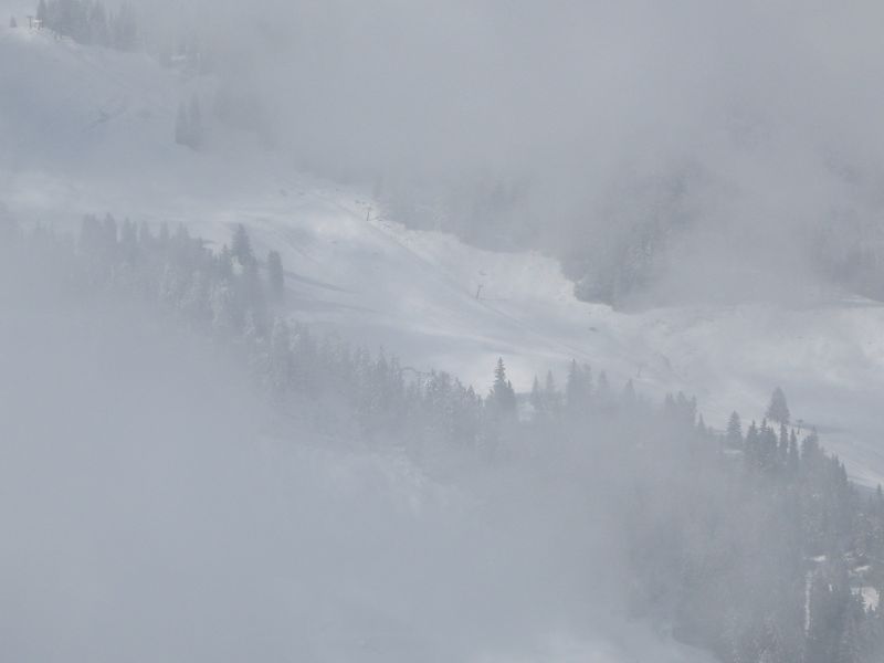 Zoom durch den Nebel zum Schlepplift Conches 2000, der gemeinsam mit dem Schlepplift Djeu des Têtes die Verbindung von Torgon-Plan du Croix nach La Chapelle d'Abondance in Frankreich übernimmt, März 2008