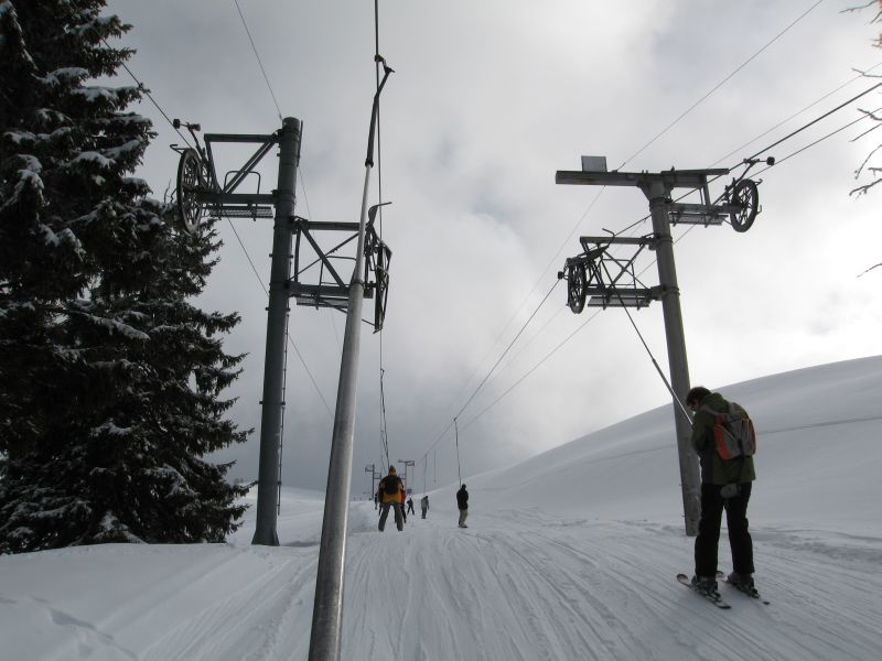 Schlepplifte Chalet Neuf 1 und 2. Beim rechten Schlepplift fällt der Schaft auf, der nicht von Poma stammt, sondern ganz klar von Bühler ist. Offenbar hat man hier Teile des Vorgängers weiterverwendet, März 2008