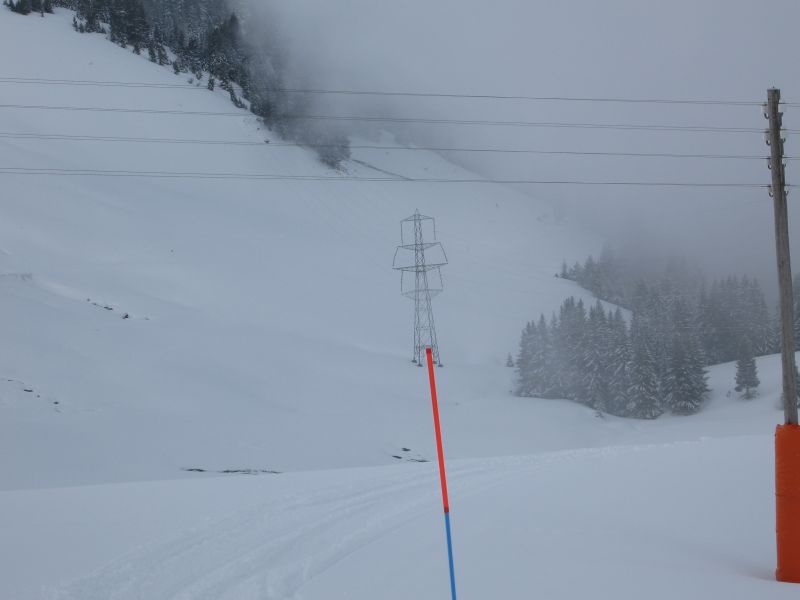 Piste an den Schleppliften Sépaz-Culet mit Blick auf eine Hochspannungsleitung, die offenbar hier eine Wechsellastaufhängung besitzt!? Hab ich auch noch nie gesehen... März 2008
