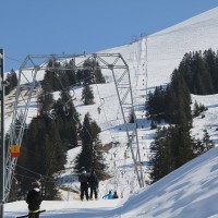 Blick auf die Strecke der beiden Schlepplifte Geissalp. Der rechte Lift wurde von Garaventa auf Langbügel umgebaut, weswegen die Stütze "0" eingebaut wurde, März 2011