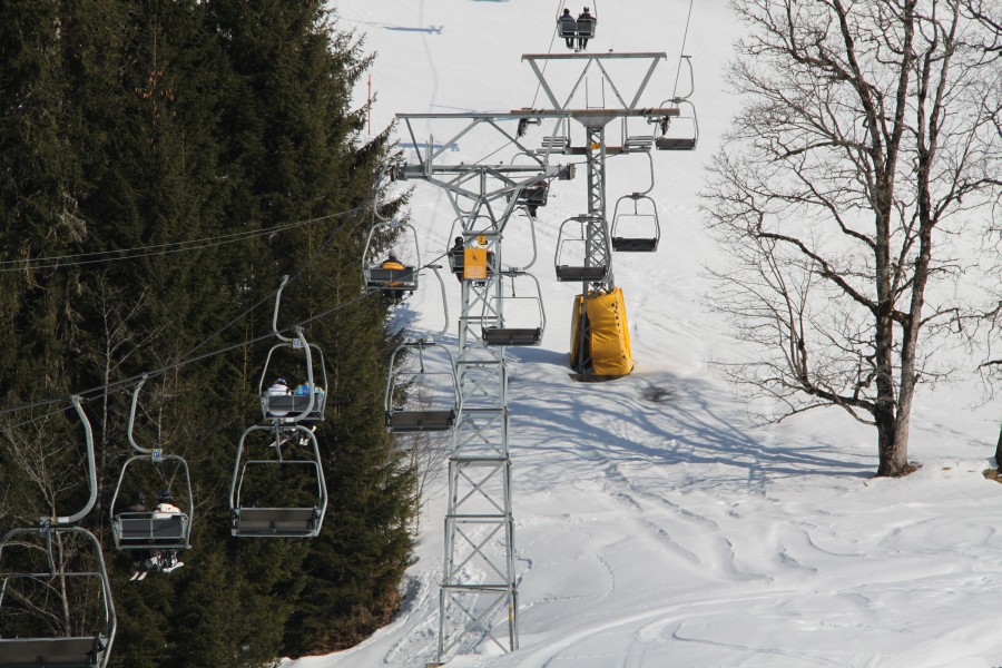 Sesselbahn Chalberhöni-Vordereggli. Deutlich zu sehen sind die vom Vorgänger verwendete Müller-Stütze, dahinter eine neu eingesetzte von Garaventa, März 2010